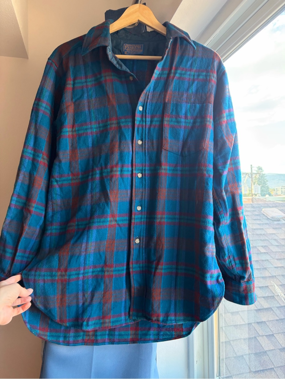Pendleton Vintage Virgin Wool Plaid Button Down Shirt Blue Red Medium
